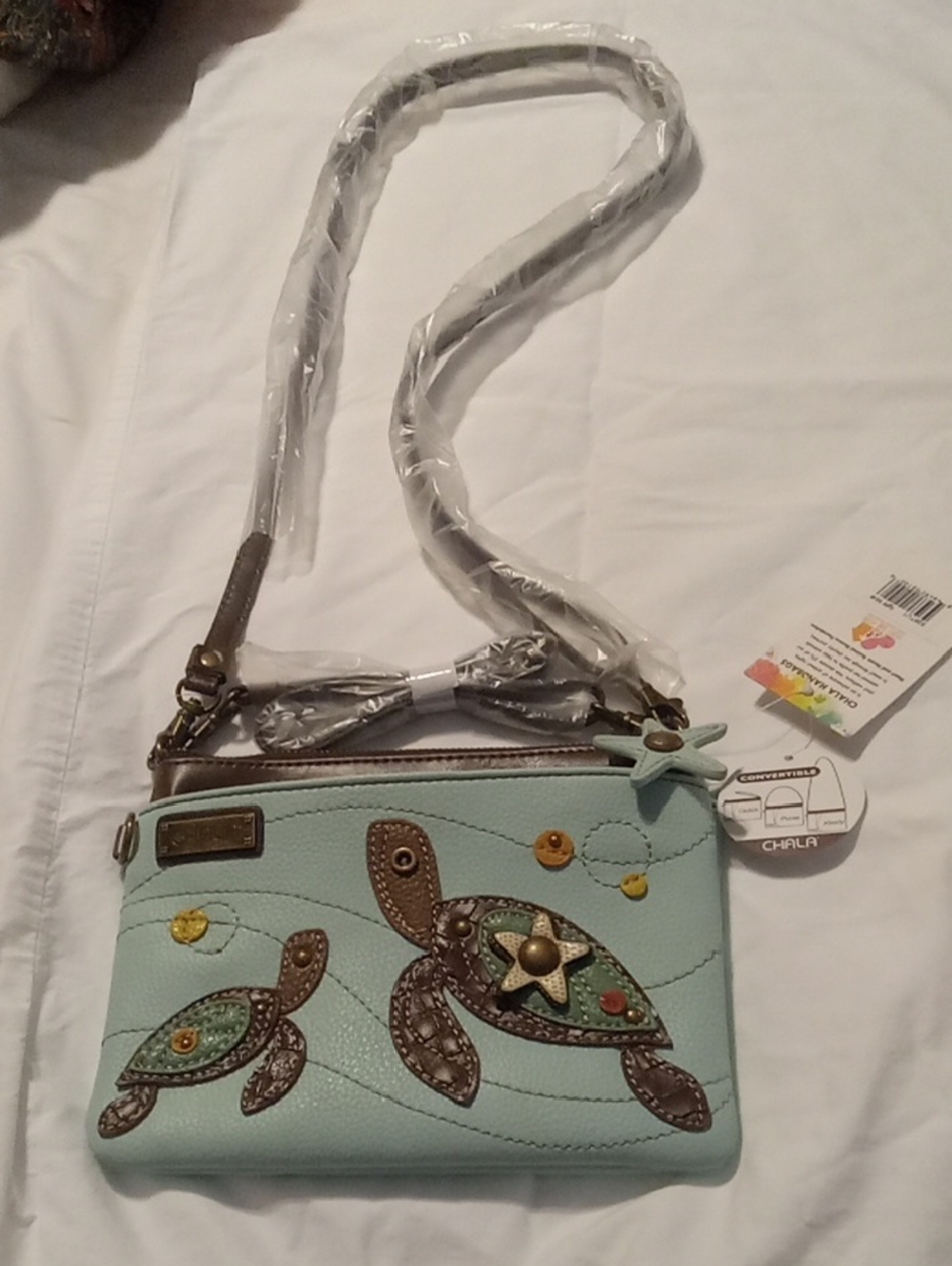 Chala Light Blue Turtle Appliqué Crossbody Bag